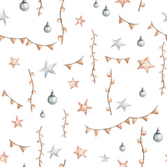 Square seamless pattern with Christmas garland and fairy lights, festive star, Christmas ornaments and baubles. Hand painted watercolor design for Christmas paper, wrapping paper and fabric design
