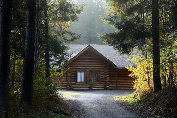 Image of a log house in a forest