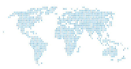 Fototapeta premium World Map Shown in Binary Code Pattern. blue Matrix numbers, zero, one png