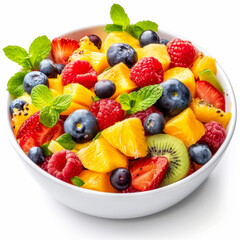 Obraz premium A vibrant bowl of fresh fruit, featuring a colorful assortment of strawberries, blueberries, peaches, and kiwis.