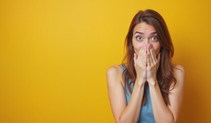 Woman with surprised expression covering mouth against bright yellow background with copy space