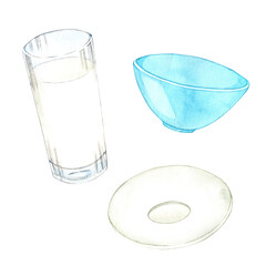 Glass of milk, bowl, saucer set of watercolor illustrations isolated on white background. Hand drawn watercolor for design