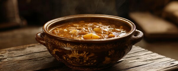 Delicious stew in a rustic bowl on a wooden surface, warm and inviting atmosphere.