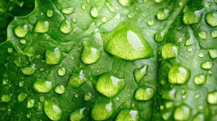 Close-up of dew drops on a green leaf, creating a refreshing and natural texture.