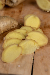 details of the ginger root used in cooking sliced into pieces