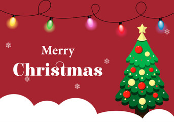 Christmas card with christmas tree, lights and snow