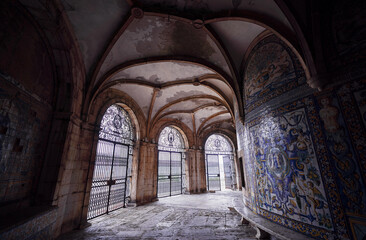 Fototapeta premium View of the highly decorated walls with polychromatic tiles at the poorly maintained Chapel of Saint Amaro in Lisbon, Portugal