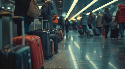 Obraz premium many people waiting in long queues at the airport before boarding a plane - traveling concept