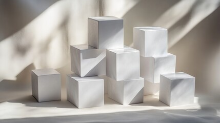White cubes arranged creatively against a soft, light background.