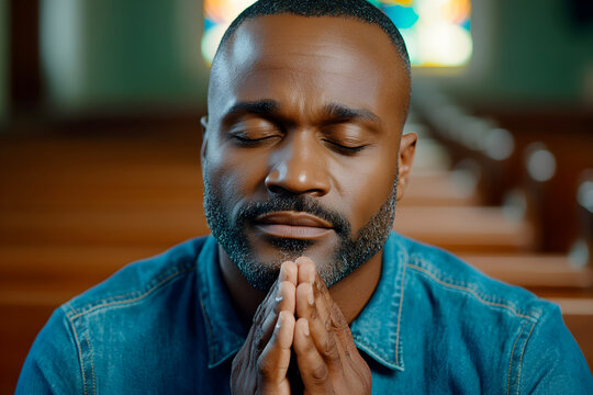 Pious middle-aged African man in a denim shirt, praying in a church pew, immersed in spiritual reflection.