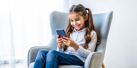 Girl sitting on a chair while using her phone, smiling and isolated on a transparent background, showcasing her joyful expression and relaxed posture.