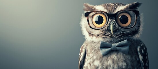 Fototapeta premium Owl wearing glasses and bow tie, whimsical portrait, cute expression