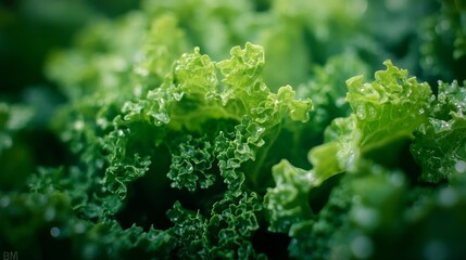 Close-up shot of fresh green lettuce leaves with water droplets.