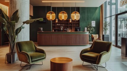 A modern reception area in a hotel lobby, showcasing olive green decor, stylish furniture, and a welcoming atmosphere. Open space at the bottom for promotional text.