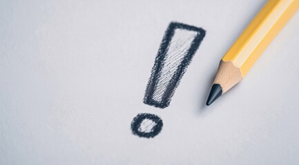 Pencil drawn exclamation mark symbol icon close up on white paper with a pencil next to it.
