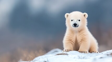 A cute polar bear cub sits atop a snow-covered hill, surrounded by falling snowflakes in a tranquil winter atmosphere