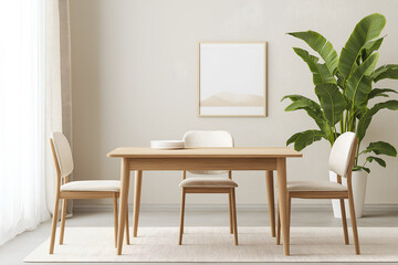 Modern dining room interior featuring a stylish table and chairs, with wooden decor, large windows, and a luxurious design, perfect for home dining and living spaces