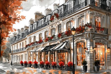 Fototapeta premium Charming french cafe in autumn watercolor style with elegant architecture and outdoor seating