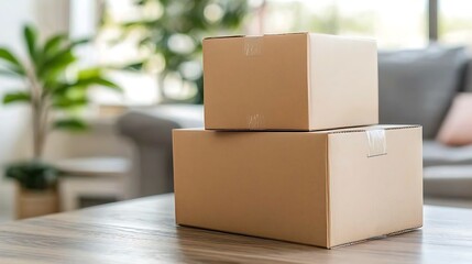 Stylish brown cardboard boxes for shipping and storage on a modern table in a cozy living room setting
