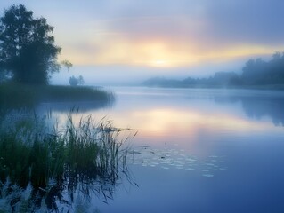 Obraz premium Tranquil Misty Lake at Sunrise