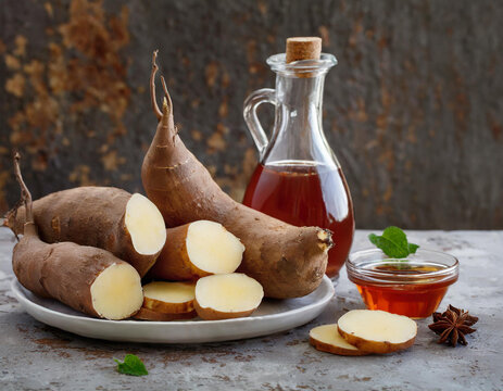 Yacon-Wurzel und Sirup auf rustikalem Holztisch &ndash; Nat&uuml;rliches Superfood und Zuckerersatz