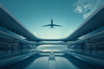 A futuristic airport terminal with sleek, curving architecture and reflective surfaces is shown. An airplane is flying overhead against a backdrop of a bright blue sky with scattered clouds