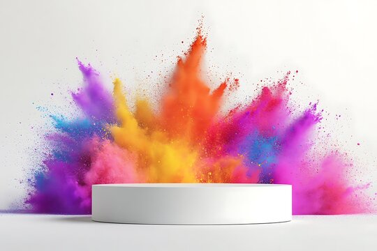 Product podium surrounded by colored powder explosion 3D render.