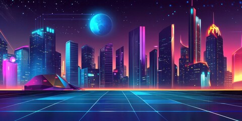 Futuristic cityscape with neon lights and glowing buildings. Sci-fi and cyberpunk concept.