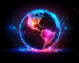 Obraz premium 3D Earth globe with interconnected digital data blocks, illuminated virtual connections, modern technology design, bright neon colors, immersive global network