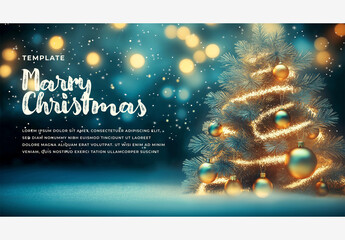 Holiday & Winter Templates: Stunning Christmas Tree with Gold Ornaments, Snowflakes & Stars on Blue Background with Merry Christmas Message Holiday Template Generative AI