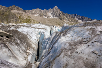 Chamonix rocky granite mountain peaks in french Alps around Mont Blanc summit in Chamonix valley....