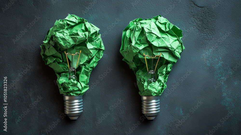 Wall mural dual crumpled green paper light bulbs on dark background depicting eco-friendly innovation