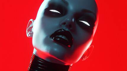 Surreal Woman With Black Makeup Glowing Eyes Against A Red Background