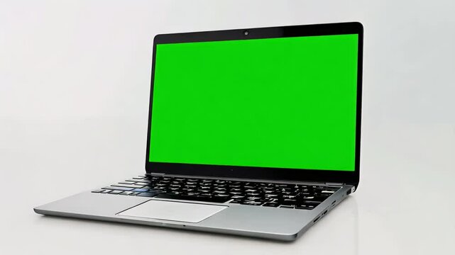 A sleek 3D animation featuring laptop displaying green screen ideal ebusiness presentations mockups rendered vibrant 4K quality complementary backdrop three dimensional display business video
