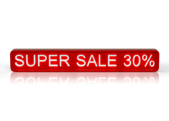 Super sale. Red 30% banner isolated on white background .3D illustration. 3D render.