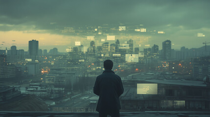 Silhouetted Figure Facing Digital Information Panels Overlooking Cityscape