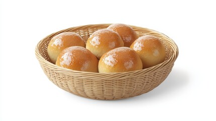 Freshly Baked Bread Rolls in Wicker Basket on White Background