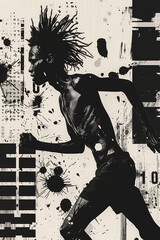 a logo featuring person running, in the style of industrial punk, spray paint, monochromatic color scheme