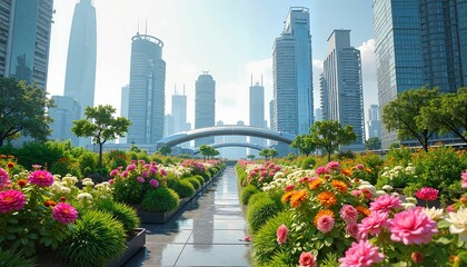 Fototapeta premium Contemporary Urban Garden Bridge with Colorful Flora