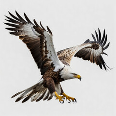 Obraz premium A 3D rendering of a bald eagle (Haliaeetus leucocephalus) perched on a tree branch, highlighting its distinctive white head and tail against a natural backdrop.