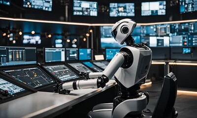 Robot in a control room analyzing data. - Powered by Adobe