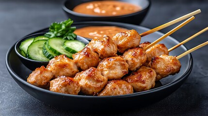 Fototapeta premium Delicious grilled chicken skewers served with creamy peanut sauce and fresh cucumber slices for a mouthwatering experience