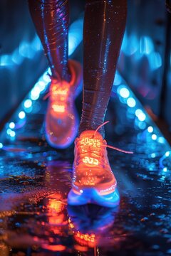 ction running shot of a female professional track and field athlete running wearing Lace running sports wear, Fashion Concept, led lights.