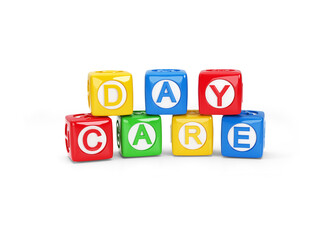 Day Care Spelled Out in Alphabet Building Blocks isolated on the white background .