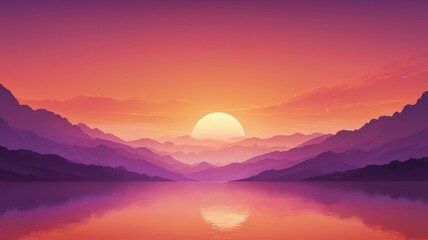 Obraz premium A stunning sunset landscape featuring vibrant purple and orange hues reflecting on a calm lake, surrounded by mountains and silhouettes of pine trees. Perfect for nature and serenity themes