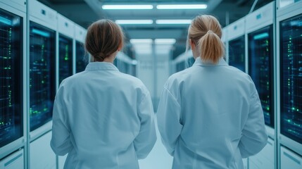Two women in lab coats examine high-tech server racks in a modern data center, showcasing a blend of technology and collaboration.