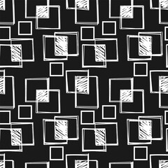 Seamless pattern with intersecting randomly placed hand drawn quadrilaterals. White on black. Vector illustration