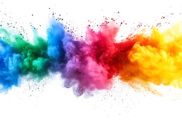 Colored powder explosion on background. Abstract closeup dust on backdrop. Colorful explode. Paint holi isolate on white.