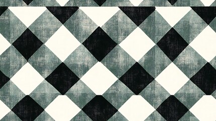 Obraz premium A seamless gingham fabric design featuring hexagons and triangles in black and white, layered over a dark green gingham background, hd quality, natural texture, textile design, geometric style,