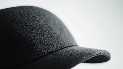 A close-up of a black baseball cap with a textured surface.
